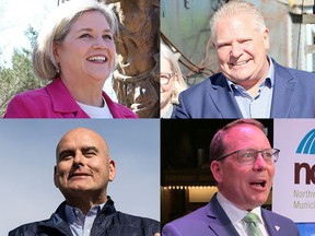 The four main Ontario provincial party leaders squared off Monday night.  Top, left to right: The NDP's Andrea Horwath;  PC leader Doug Ford.  Bottom, left to right: Liberal leader Steven Del Duca;  Green leader Mike Schreiner.