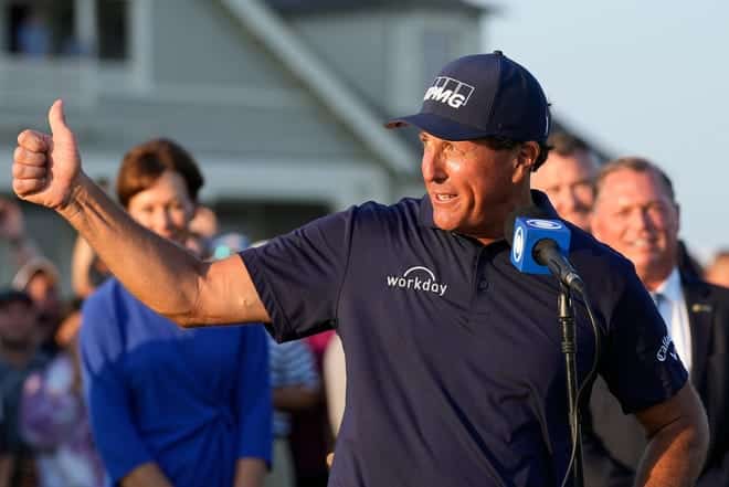 FILE - Phil Mickelson speaks after winning the PGA Championship golf tournament at the Ocean Course on May 23, 2021, in Kiawah Island, South Carolina.  Mickelson hasn't been heard from in three months.  It is unclear if he will defend his title at Southern Hills from May 19-22.  (AP Photo/David J. Phillip, File)