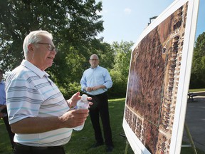 Windsor Ward 10 Coun.  Jim Morrison, left, and Mayor Drew Dilkens are shown at a press conference on Tuesday near the South Cameron Woodlot.