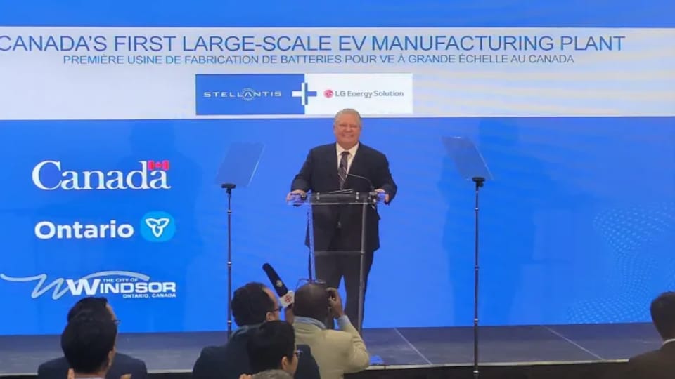 Premier Doug Ford at the lectern, during an announcement on investments for the automotive sector. 