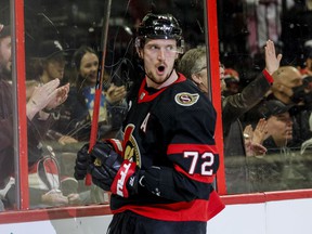 Ottawa Senators defenseman Thomas Chabot celebrates his goal against the New Jersey Devils in first period NHL action at the Canadian Tire Center on April 26, 2022.