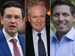 Pierre Poilievre, left, Jean Charest, center, and Patrick Brown are among several candidates running for the leadership of the federal Conservative party.