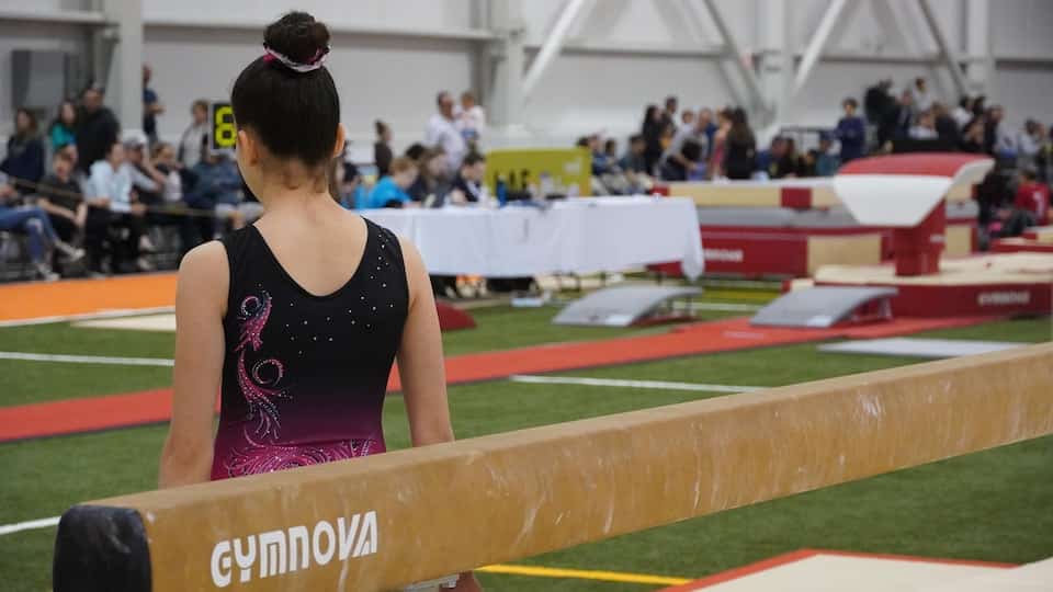A gymnast, from the back, is about to start her number during the 11th edition of the Challenge des Régions.