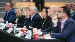 Judges in the Ford Innovation Showcase competition are shown on Friday at the St. Clair College main campus.  Students presented projects to high-level industry executives and their HR teams.