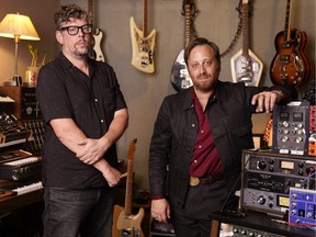 Patrick Carney, left, and Dan Auerbach of The Black Keys pose in Nashville, Tenn., on April 20, 2022, to promote their 11th studio record Dropout Boogie.