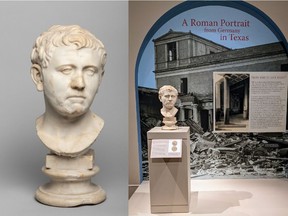 This Roman bust (left) found in a Goodwill store in Texas — Portrait of a Man (Roman, late 1st century BCE-early 1st century AD, Marble) — has been loaned to the Museum of Art San Antonio by the Bavarian State Administration.  He owned Palaces, Gardens and Lakes and is on display at the San Antonio Museum of Art (right).