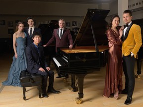 From left are Alexandra Hughes and Aaron Anker, pianist Kevin Chen, Jean Grand-Maître, and veteran dancers Mariko Kondo and Kelley McKinlay in The Memory Room.