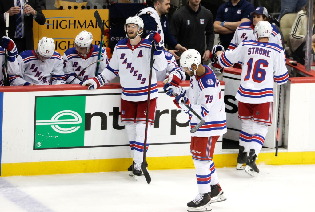 The Rangers react dejectedly after conceding the go-ahead goal to Danton Heinen during their 5-4 Gmae 3 loss to the Penguins.