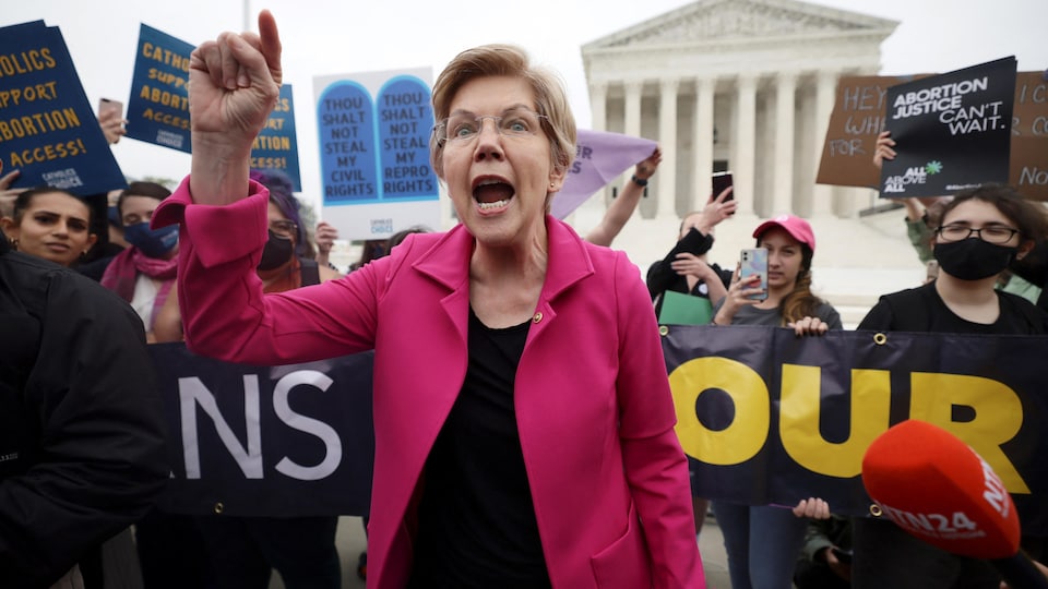 Democratic Senator Elizabeth Warren speaking to protesters. 