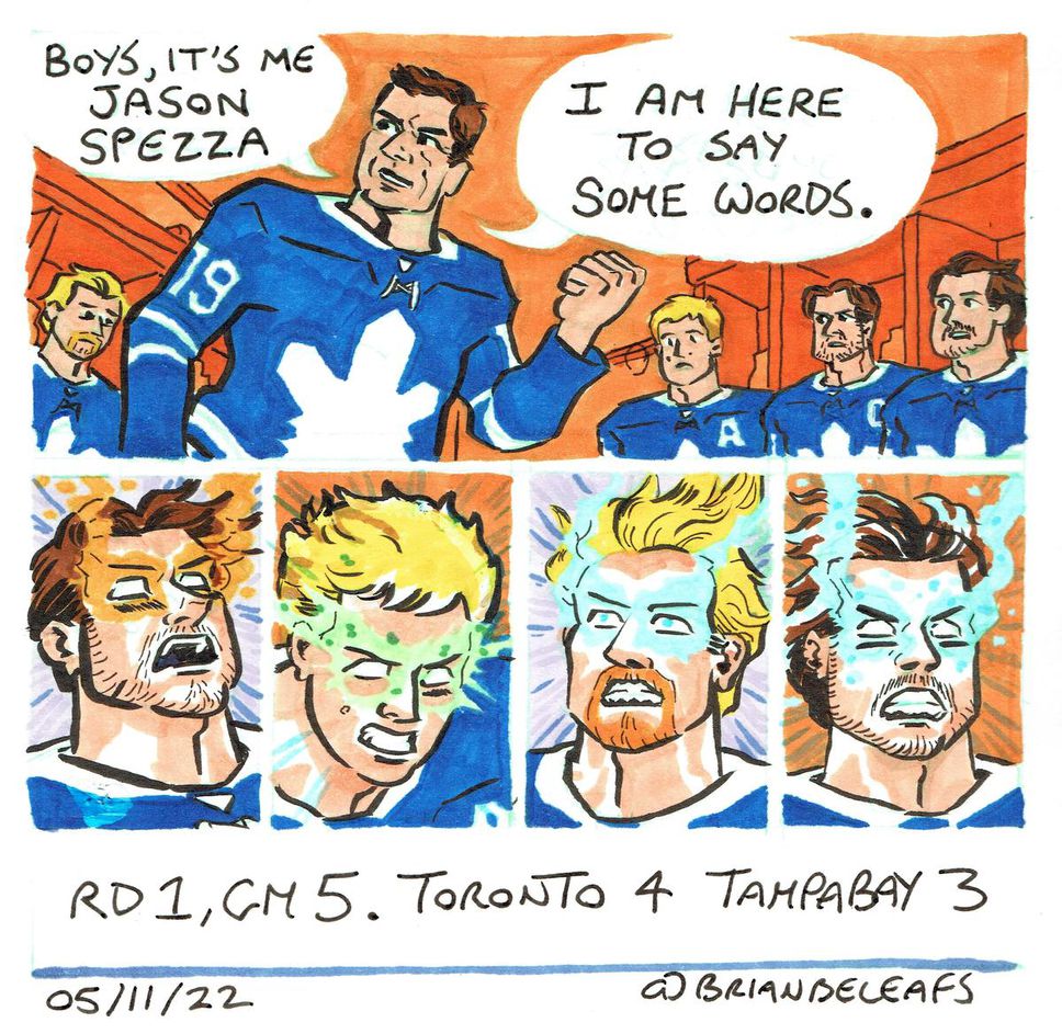 Brian Evinou drew this comic after Game 5 of the Leafs-Lightning series after word emerged that veteran Jason Spezza inspired his teammates with a rousing speech during intermission between the first and second periods.