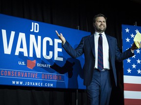 Republican US Senate candidate JD Vance arrives onstage after winning the primary, at an election night event at Duke Energy Convention Center on May 3, 2022 in Cincinnati, Ohio.