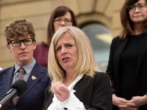 NDP Leader Rachel Notley and NDP MLAs call for a guarantee that the Alberta government will protect existing abortion services and work to expand access, during a press conference on the steps of the Alberta Legislature in Edmonton Tuesday May 3, 2022.