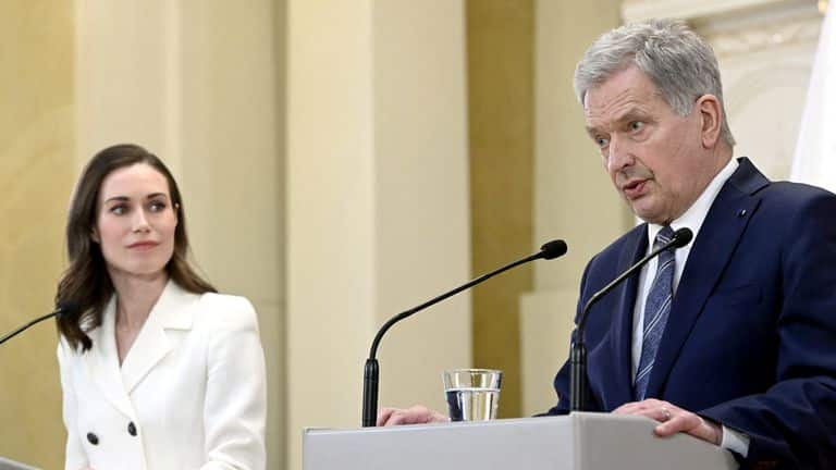 Finnish Prime Minister Sanna Marin and Finnish President Sauli Niinisto attend a joint press conference on Finland's security policy decisions at the Presidential Palace in Helsinki.