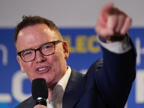 BC Liberal leader Kevin Falcon addresses supporters after winning a by-election for a seat in the legislature in the riding of Vancouver-Quilchena, in Vancouver, on Saturday, April 30, 2022.