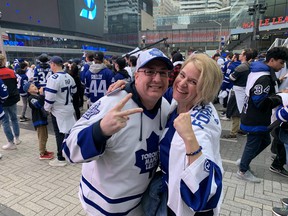 Maple Leafs fans Gianna Priore and Joe Deluca were ready to rock down at Maple Leafs Square for Game 1 of the Maple Leafs playoff series verus Tampa Bay.