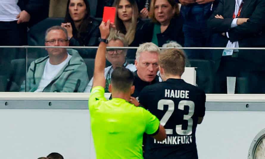 West Ham manager David Moyes receives a red card during his team's loss to Eintracht Frankfurt.