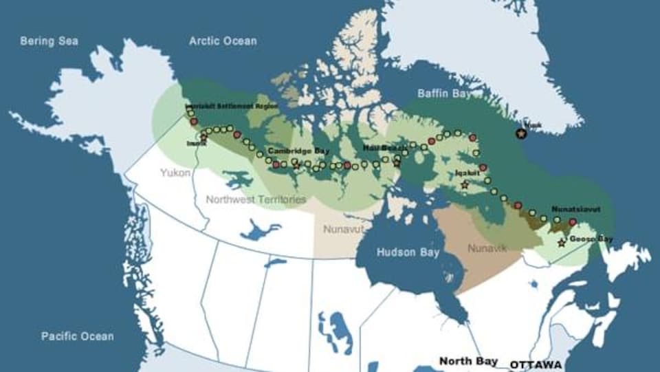 A map of Canada with dots to show the location of radar stations in the Arctic.