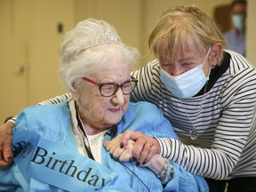 Gerda Cole, 98, meets her daughter Sonya Grist, 80, for the first time on Saturday, May 7, 2022.