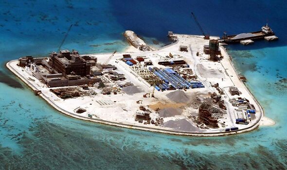 An aerial view of Chinese development on Johnson South Reef in the disputed Spratly Islands, currently controlled by China and claimed by the Philippines.