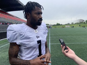 Darvin Adams, wearing No. 1, goes back to Winnipeg to face the Blue Bombers Friday.  For six seasons, Adams had success as a Bombers receiver before joining the Ottawa Redblacks.