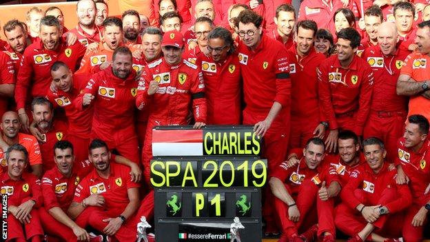 Charles Leclerc and Ferrari celebrate his win at Spa