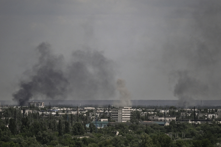 Smoke and dirt rise from the city of Severodonetsk, during shelling in the Donbas region of eastern Ukraine.
