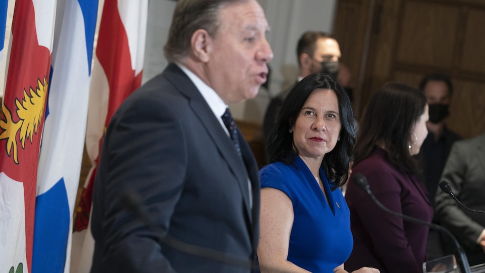 Montreal Mayor Valérie Plante at a press conference with Premier François Legault.