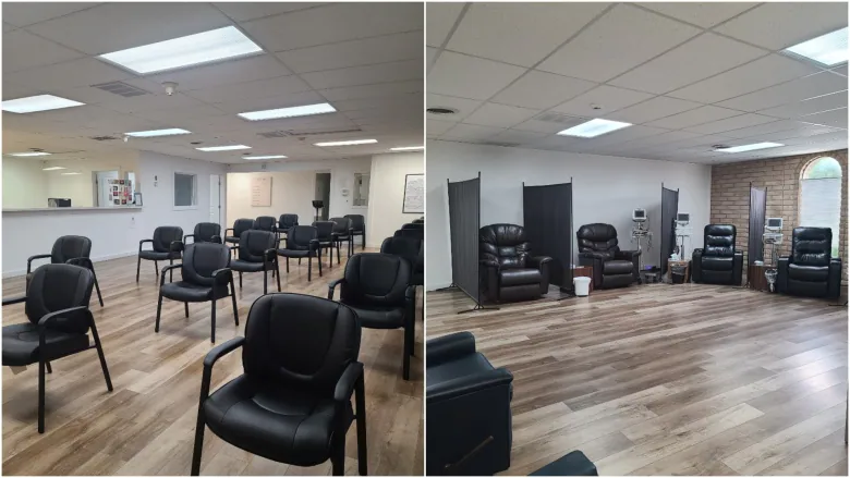 Two side-by-side photos show different angles of an office with empty chairs. 
