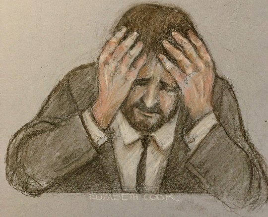Court artist's sketch of Elizabeth Cook of Collin Reeves, 34, with his head in his hands, on the pier at Bristol Crown Court, where he is alleged to have fatally attacked his neighbors Stephen and Jennifer Chapple, who were 30 , at his home, on the night of November 21, 2021 while his children slept upstairs.  Picture date: Wednesday June 8, 2022. PA Photo.  See PA story COURTS NortonFitzwarren.  Photo credit should read: Elizabeth Cook/PA Wire