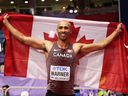 Canadian gold medalist Damian Warner celebrates his heptathlon triumph at the World Athletics Indoor Championships in Belgrade, Serbia, in March.  'I want to show that Canada deserves to be at the top of the podium,' says Warner.