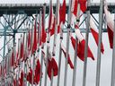 Volunteers with the Flags of Remembrance organization were busy setting up being set up 131 flagpoles with Canadian flags at the Assumption Park in Windsor, ON.  on Thursday, September 20, 2018. The flags represent the 128,000 killed and missing Canadian soldiers since the Boer War.  The flags will be unfurled during a ceremony on Saturday.  