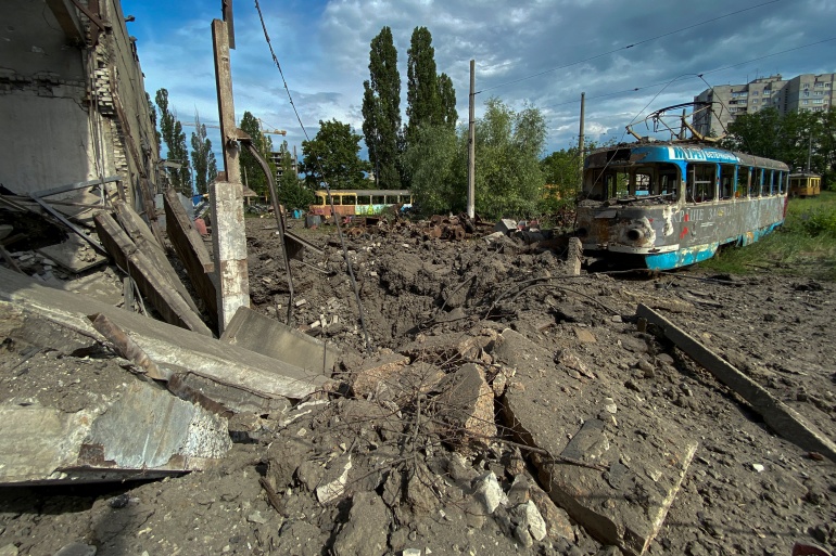 A tram depot destroyed by a Russian missile attack in Kharkiv, Ukraine.