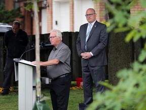 Windsor Ward 10 Coun.  Jim Morrison, left, and Mayor Drew Dilkens are shown at a press conference on Monday, June 20, 2022 regarding tree planting initiatives in the city.