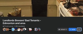 A screenshot of the secret Facebook group “Landlords Beware!  Bad Tenants — Edmonton and area.”