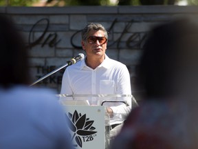 Joe Lucente speaks during the unveiling of the new Dr. Lisa Ventrella-Lucente Healing Garden outside Hotel-Dieu Grace Healthcare on Tuesday, June 21, 2022. The garden was named after Lucente's late wife, a T2B board member, who died of cancer in 2015.