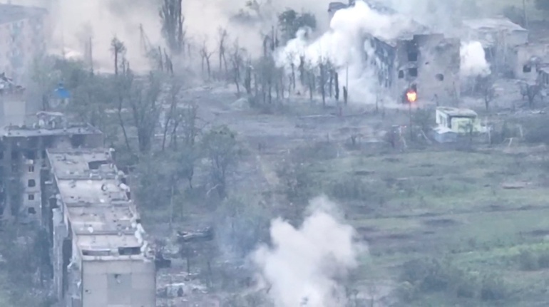 Drone footage shows an artillery strike amid military presence in Toshkivka, Luhansk region, Ukraine in this screengrab taken from a video