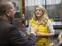Jonathan Azzopardi, President of Laval, left, gives a tour of the shop floor to MP Melanie Joly, Minister of Economic Development, before a funding announcement, Wednesday, February 12, 2020.