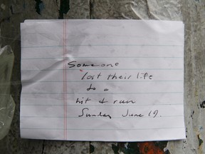 A note attached to a pole at the scene of a hit-and-run near W. 4th Avenue and Arbutus Street in Vancouver.