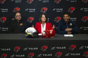 Neil McEvoy, BC Lions co-GM and director of football, Theresa Hanson, senior director of athletics and recreation at Simon Fraser University, and Kavie Toor, managing director of athletics & recreation at UBC announce the return of the Shrum Bowl on Thursday.