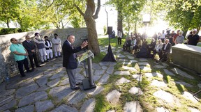 Former politician Dave Heer speaks at the Air India memorial in Stanley Park on June 23, 2022.
