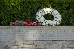 A wreath at the Air India memorial in Stanley Park on June 23, 2022.