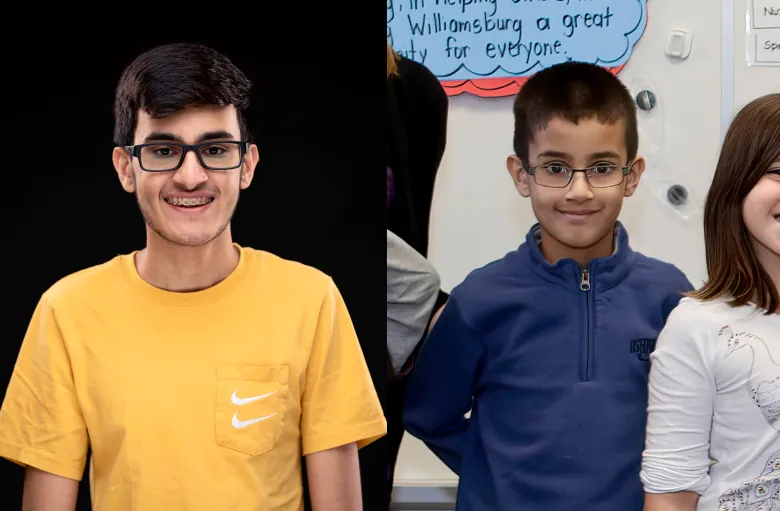 Two photos, taken ten years apart. On the left, a young man wears a yellow tshirt and smiles for the camera. He wears braces and glasses. On the right, his younger self, also wears glasses and a blue turtleneck sweater.  