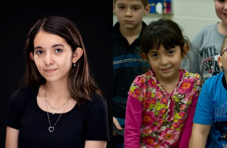 Two photos, taken ten years apart. On the left, a young woman wearing a black shirt and looks towards the camera with a small smile. On the right, her younger self looks shyly at the camera in a group shot. 