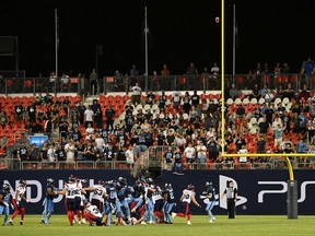 Montreal Alouettes kicker David Cote (15) sends his potential game-winning field goal wide left during second half CFL football action against the Toronto Argonauts in Toronto Thursday, June 16, 2022.