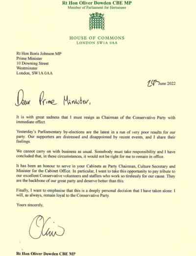 Oliver Dowden’s letter of resignation