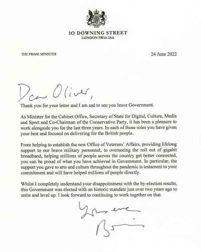 Boris Johnson’s letter to Oliver Dowden after the Tory party chairman resigned this morning