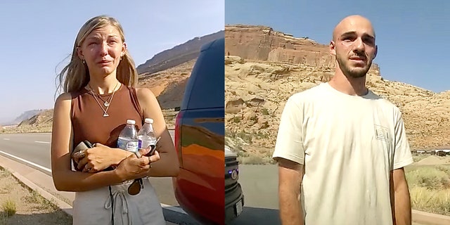 Gabby Petito, left, and Brian Laundrie are seen in body camera footage released by the Utah City of Moab Police Department.