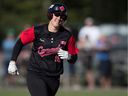 Canada's Kaleigh Rafter rounds second base after hitting a solo homer to end the game against Brazil at the Softball Americas Olympic Qualifier tournament in Surrey on Sept.  1, 2019.