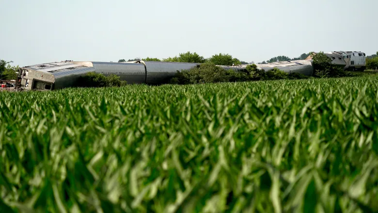 A train on its side in a field of green vegetation. 