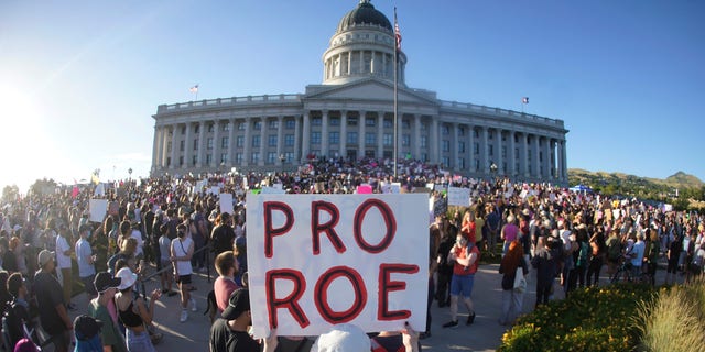 People attend an abortion rights protest at the Utah State Capitol in Salt Lake City after the Supreme Court overturned Roe v.  Wade, on Friday, June 24, 2022. 